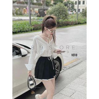 Set Áo Sơ Mi Trắng Dây Buộc Cách Điệu Mix Chân Váy Xếp Ly Viền, Cổ Điển, Thanh Lịch Chất Liệu Vải Thô Mịn, Mát - V010