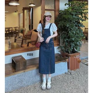 Set Yếm Váy Denim Khuy Đồng Xẻ Tà Mix Sơ Mi Tay Phồng Yếm Chất Jeans Denim Mềm - Áo Sơ Mi Chất Thô - V009