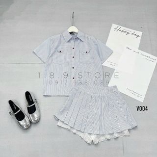Set Áo Sơ Mi Tay Ngắn Phối Chân Váy Xếp Ly Xòe Siêu Xinh , Cực Kỳ Hack Tuổi Thiết Kế Tiểu Thư Trẻ Trung Năng Động - V004