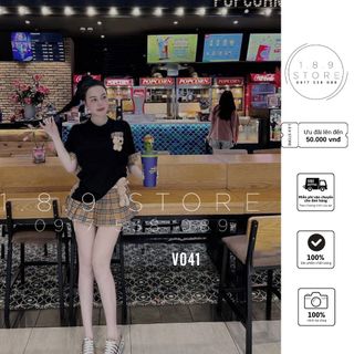 Set Áo Phối Bbr Mix Chân Váy Ngắn Xếp Ly Kèm Gấu Siêu Hot Chất Liệu Cotton Cao Cấp - V041