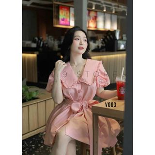 Váy Babydoll Tay Bồng Cổ Bèo Có Kèm Đây Chiết Eo Siêu Xinh Dễ Thương Vải Thô Nút Áo Đính Hoa Cuộn Kèm Dây - V003