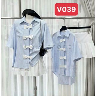 Áo Sơ Mi Nữ Ngắn Tay Khuy Nơ Mix Chân Váy Xếp Ly, Thô, Mềm Mịn, Thoáng Mát , Không Nhăn - V039