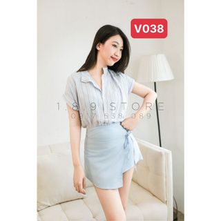 Set Áo Kẻ Tay Dơi Mix Chân Váy Vạt Chéo Phối Hoa Trà Thiết Kế Siêu Độc Đáo Chất Liệu Áo Kẻ Xanh Thô Đũi Qc Mềm Mát
