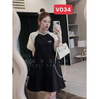 Váy Suông Phối Voan Tơ Cổ Mix Ngọc Kèm Tag Nơ Chất Liệu Thô Hàn Cao Cấp - V034