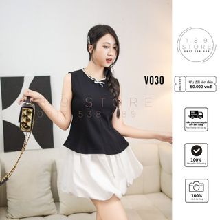 Set Áo Cổ Mix Viền Ngọc Chân Váy Bồng Xòe Phối Nơ Thanh Lịch Chất Thô Ren Nhưng Không Dặm Ngứa,Mềm Nhẹ - V030 giá sỉ