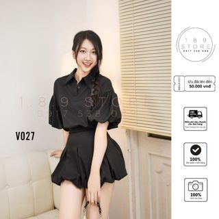 Sét Váy Áo Croptop Tay Phồng Chun Cổ Bẻ Mix Chân Váy Bí Phồng Xinh Xắn Hot Hit Chất Vải Xước Thái Cao Cấp -V027 giá sỉ