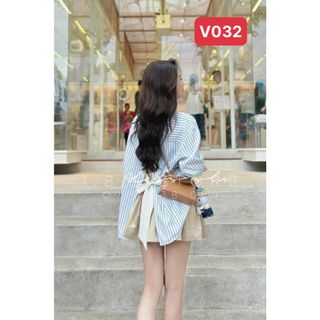 Set Áo Sơ Mi Kẻ Phối Cổ Xẻ Lưng Kèm Chân Váy Thô Xếp Ly Dáng Ngắn Cạp Cao,Chất Liệu Kẻ Thô Cao Cấp - V032