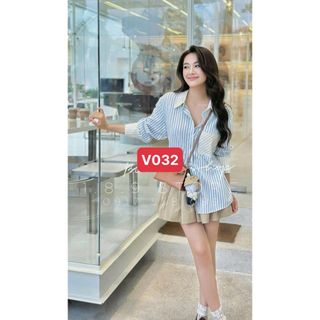 Set Áo Sơ Mi Kẻ Phối Cổ Xẻ Lưng Kèm Chân Váy Thô Xếp Ly Dáng Ngắn Cạp Cao,Chất Liệu Kẻ Thô Cao Cấp - V032