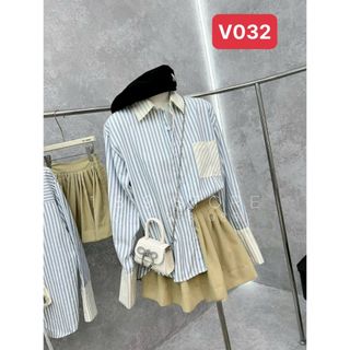 Set Áo Sơ Mi Kẻ Phối Cổ Xẻ Lưng Kèm Chân Váy Thô Xếp Ly Dáng Ngắn Cạp Cao,Chất Liệu Kẻ Thô Cao Cấp - V032