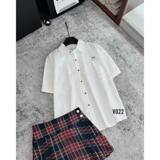 Set Áo Sơ Mi Trắng Tay Ngắn Phối Chân Váy Xếp Ly Caro Sang Trọng Chất Liệu Cotton Cao Cấp - V022