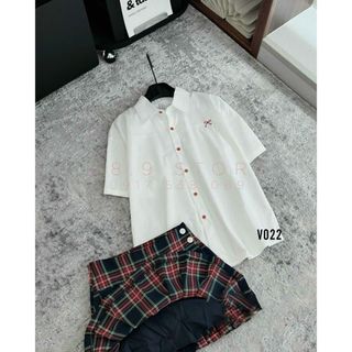 Set Áo Sơ Mi Trắng Tay Ngắn Phối Chân Váy Xếp Ly Caro Sang Trọng Chất Liệu Cotton Cao Cấp - V022