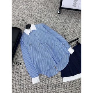 Set Áo Sơ Mi Kẻ Dáng Rộng Đan Lưng Cv Jean Phối Viền Trắng Chất Vải Thô Mịn Kết Hợp Chân Váy Jeans Bò Cực Cá Tính - V021