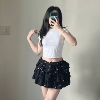 CHÂN VÁY XÒE 3 TẦNG IN NƠ chất Thun Ren có lót quần freesize dưới 55kg