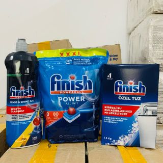 Combo Viên rửa chén Finish All in one 100 viên, muối, nước làm bóng 800ml
