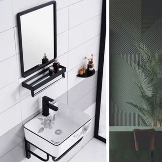 Bộ lavabo treo tường hoa tiết bông hoa xinh đẹp, đã bao gồm gương và kệ gương, mã T288V giá sỉ