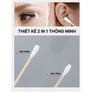Hộp 500 que tăm bông ngoáy tai thân gỗ tre 2 đầu tròn xoắn thân thiện với môi trường, tăm ngoáy tai tiệt trùng - CTB791