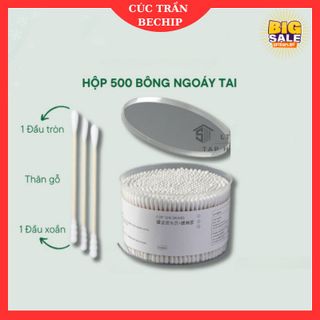 Hộp 500 que tăm bông ngoáy tai thân gỗ tre 2 đầu tròn xoắn thân thiện với môi trường, tăm ngoáy tai tiệt trùng - CTB791 giá sỉ