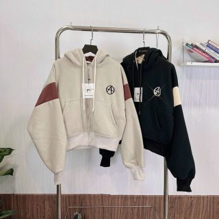 Áo khoác dáng lửng thêu A chất thun nỉ dày dặn, dây kéo phao, nón 2 lớp vải chính .4 túi