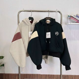 Áo khoác dáng lửng thêu A chất thun nỉ dày dặn, dây kéo phao, nón 2 lớp vải chính .4 túi