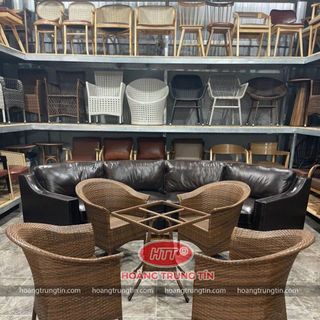 Bộ ghệ cafe nhựa giả mây ghế thúng xoè