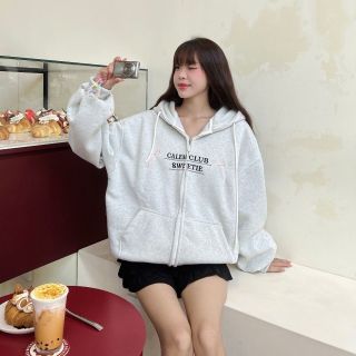 áo khoác chống nắng thun nỉ dày mịn,nón rộng 2 lớp vải chính logo thêu calem club tay phồng dây kéo phao