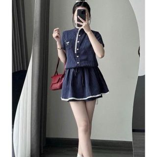 ĐẦM SỌC KÈM QUẦN PHỐI REN NƠ THÊU, CÓ ĐỆM VAI HÀNG CAO CẤP Freesize dưới 52kg giá sỉ - giá bán buôn