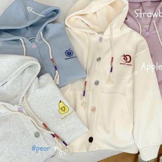 Áo khoác cadigan gài nút có nón 2 lớp rộng, logo thêu trái cây, freesize dưới 70kg giá sỉ - giá bán buôn
