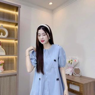 Đầm Babydoll phối cổ tà nhọn đính nơ. Giá sỉ - giá bán buôn