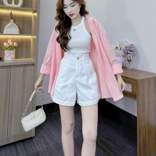 Set 3 món áo sơ mi lụa sọc + áo ba lỗ gân tăm + quần short kaki free size 55kg giá sỉ - giá bán buôn