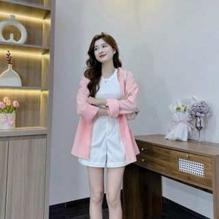 Set 3 món áo sơ mi lụa sọc + áo ba lỗ gân tăm + quần short kaki free size 55kg giá sỉ - giá bán buôn