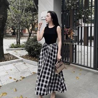 ĐẦM XÒE CARO PHỐI THUN - DT1820