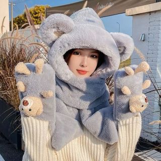 Mũ trùm đầu, mũ len kèm khăn choàng cổ và găng tay hình gấu dễ thương(03)