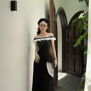 Váy Thun Zip Body Trễ Vai Viền Thô Bèo Dáng Dài Gợi Cảm