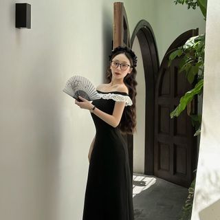 Váy Thun Zip Body Trễ Vai Viền Thô Bèo Dáng Dài Gợi Cảm
