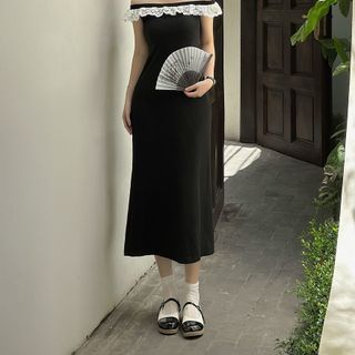 Váy Thun Zip Body Trễ Vai Viền Thô Bèo Dáng Dài Gợi Cảm