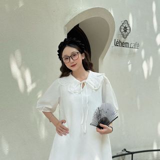 váy babydoll dáng dài,váy xinh tiểu thư tay ngắn cổ phối ren