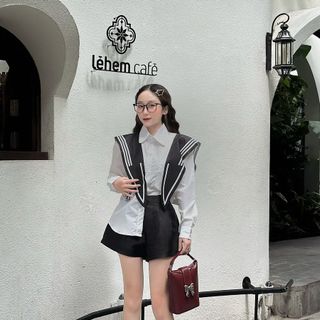 Áo sơ mi nữ in hình micky kèm khăn chuẩn ảnh mẫu