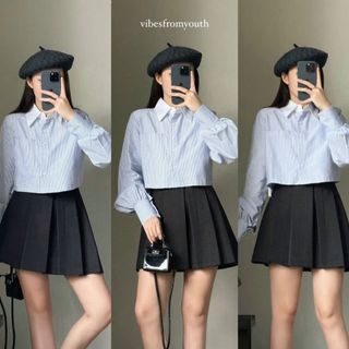 ÁO SƠ MI CROPTOP phối CỔ TRẮNG Chất vải kate sọc mát freesize dưới 55kg