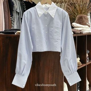 ÁO SƠ MI CROPTOP phối CỔ TRẮNG Chất vải kate sọc mát freesize dưới 55kg