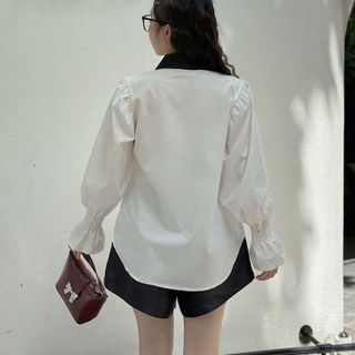 Áo sơ mi nữ đính đá tay chun cổ 2 tầng đen phong cách Hàn Quốc