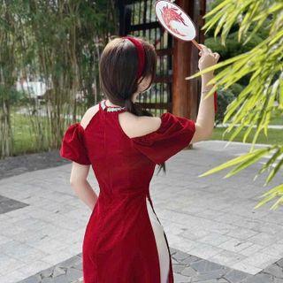 ÁO DÀI CÁCH TÂN TUYẾT NHUNG CAO CẤP CỔ YẾM ĐÍNH PHỤ KIỆN
