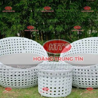 Bàn ghế cafe nhựa giả mây tròn đan mắc cáo màu trắng ghế