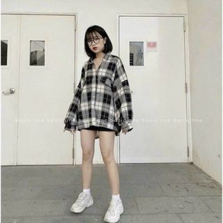 Sơ mi sọc caro form rộng tay phồng freesize 70kg