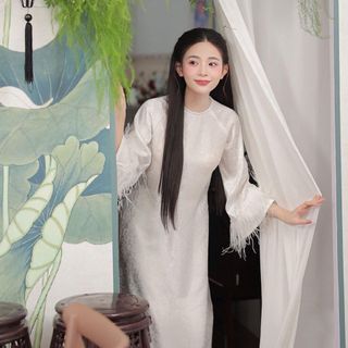 Áo dài gấm thọ cô dâu lông vũ đẹp tuyệt