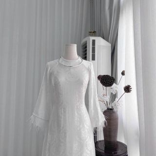 Áo dài gấm thọ cô dâu lông vũ đẹp tuyệt