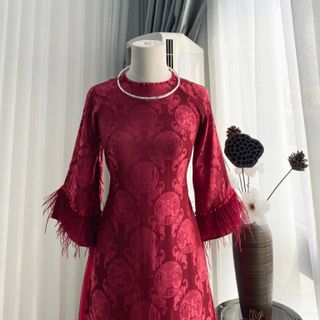 Áo dài gấm thọ cô dâu lông vũ đẹp tuyệt