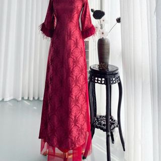 Áo dài gấm thọ cô dâu lông vũ đẹp tuyệt