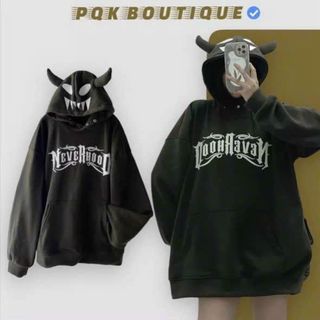 Áo hoodie nón 2 sừng in mặt quỷ, NEVER HOOD chất nỉ mềm mịn, logo in,form rộng freesize dưới70kg