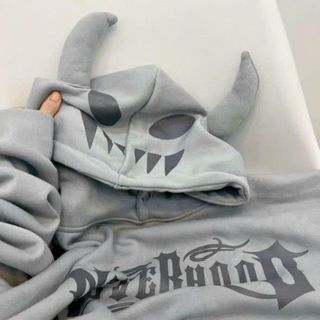 Áo hoodie nón 2 sừng in mặt quỷ, NEVER HOOD chất nỉ mềm mịn, logo in,form rộng freesize dưới70kg