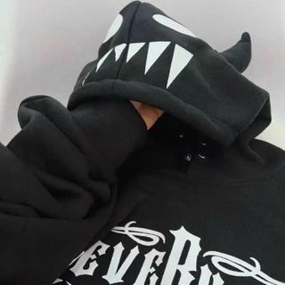 Áo hoodie nón 2 sừng in mặt quỷ, NEVER HOOD chất nỉ mềm mịn, logo in,form rộng freesize dưới70kg